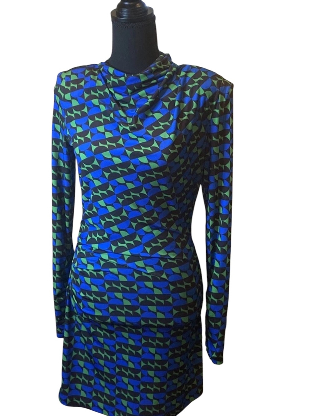 Zara Blue Green Geometric Print Draped Pleated Mini Dress Size Large